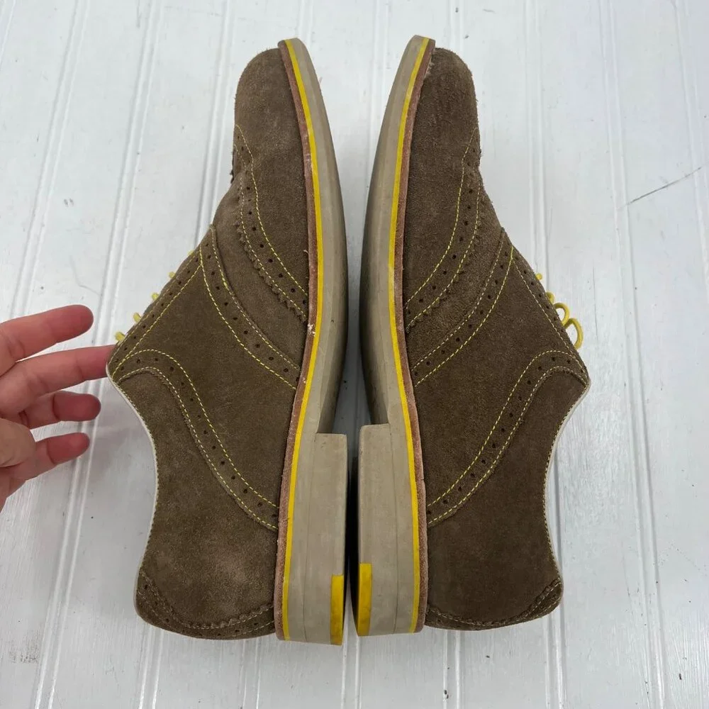 Johnston & Murphy Mens Suede Oxfords Brown W/ Yellow Laces L12 8M Sheepskin Inso